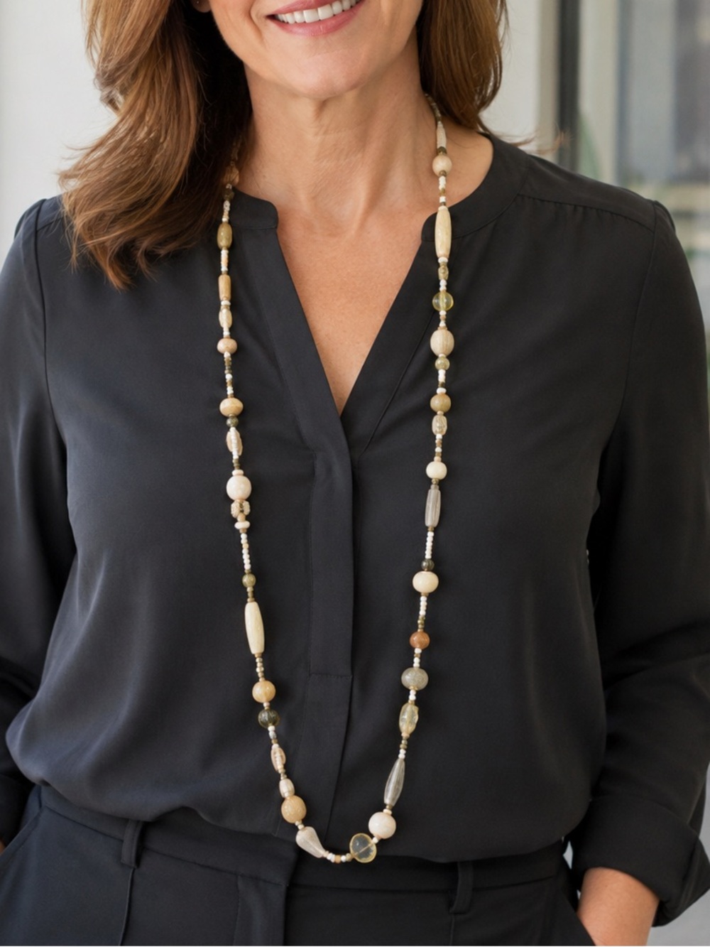Vintage 40” Neutral Mixed Bead Long Boho Statement Necklace